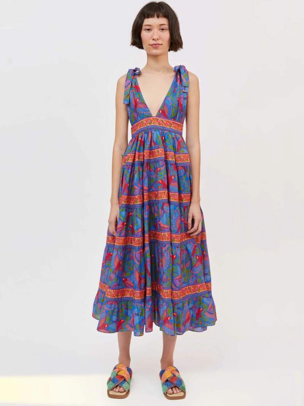 House of Harlow 1960 Tahiti Parrot Tiered Midi Dress Blue Boho V-Neck NWOT Sz. M